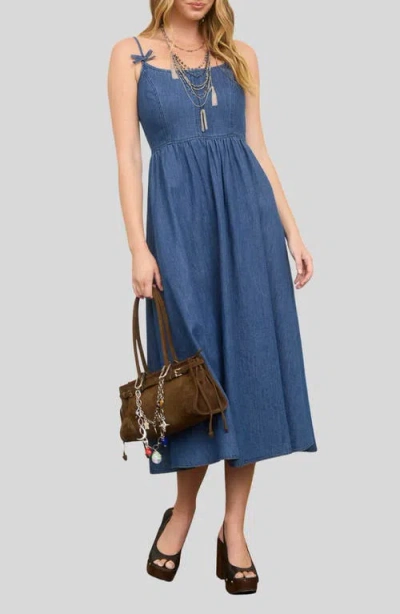 Blu Pepper Bow Strap Denim Dress In Blue