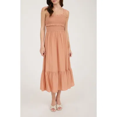 Blu Pepper Bow Tie Smocked Midi Sundress In Brown