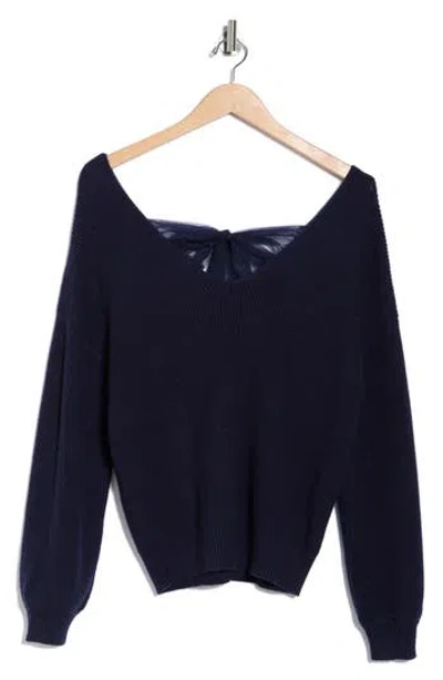 Blu Pepper Bow V-neck Sweater In Blue