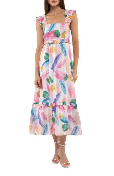 Blu Pepper Brush Stroke Ruffle Midi Sundress In White Multi