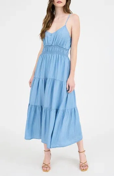 Blu Pepper Button Detail Midi Sundress In Chambray
