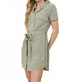 Blu Pepper Button Down With Collar Belted Mini Dress In Light Olive In Gray
