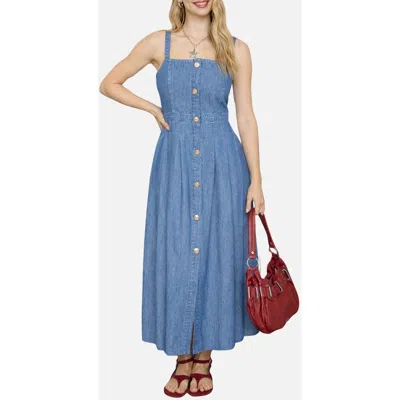 Blu Pepper Button Front Denim Midi Dress In Blue