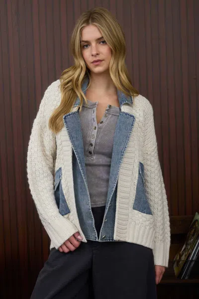 Blu Pepper Cable Knit With Denim Detail Sweater Jacket In Cream In Gray