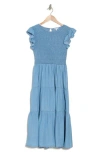 Blu Pepper Flutter Sleeve Smocked Tiered Midi Dress In Chambray
