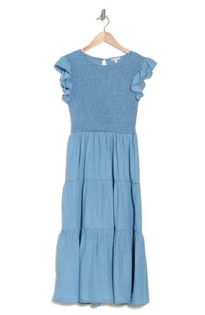 Blu Pepper Cap Sleeve Smocked Tiered Chambray Midi Dress In Blue