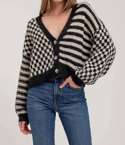 Blu Pepper Checkered & Striped Cardigan In Black/white In Multi