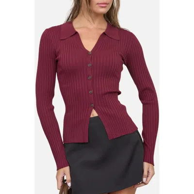 Blu Pepper Collared Rib Cardigan In Burgundy