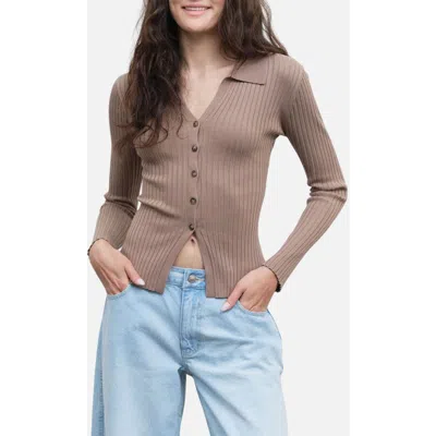 Blu Pepper Collared Rib Cardigan In Mocha