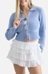 Blu Pepper Collared Tie Front Cardigan In Blue