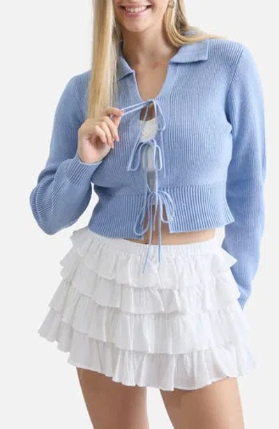 Blu Pepper Collared Tie Front Cardigan In Blue