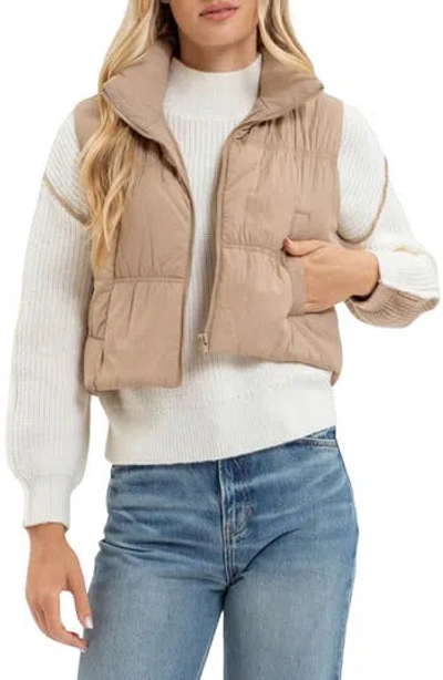 Blu Pepper Collared Water Repellent Cropped Puffer Vest In Mocha