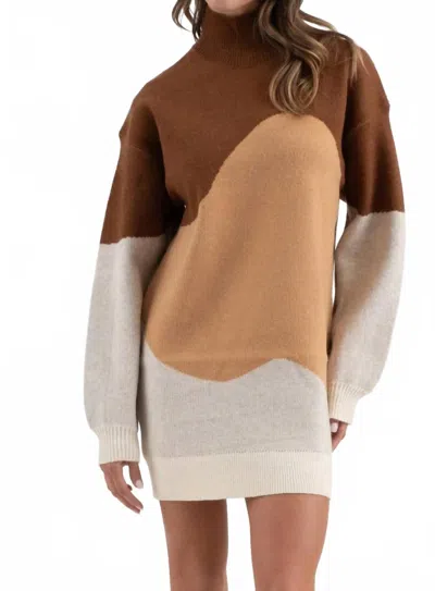 Blu Pepper Colorblock Mock Neck Knit Sweater Dress In Brown Multi