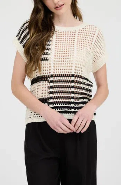 Blu Pepper Colorblock Open Knit Top In Ivory/black