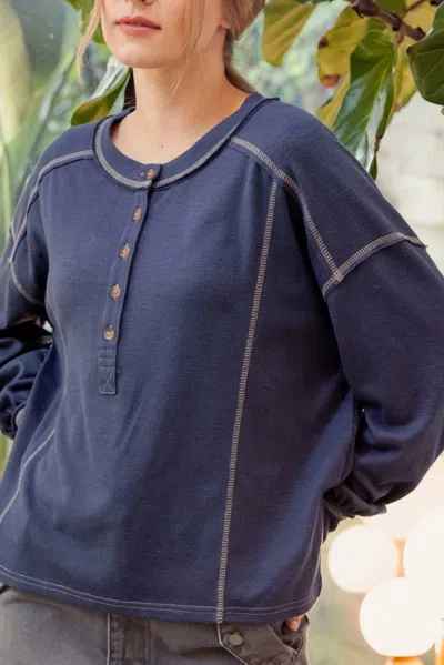 Blu Pepper Contrast Stitch Long Sleeve Henley Knit Top In Dark Denim