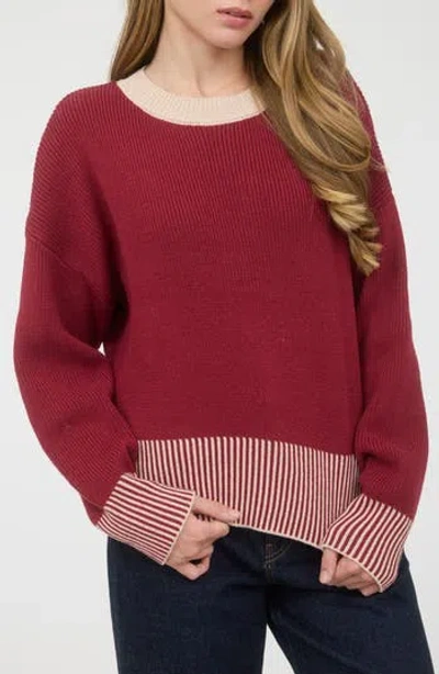 Blu Pepper Contrast Trim Back Button Sweater In Burgundy