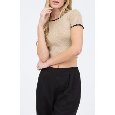 Blu Pepper Contrast Trim Crop Knit Top In Khaki