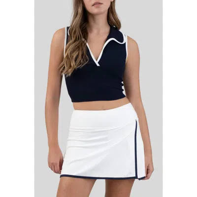 Blu Pepper Contrast Trim Johnny Collar Tank Top In Blue