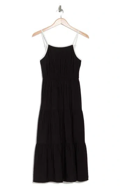Blu Pepper Contrast Trim Tie Back Tiered Midi Dress In Black