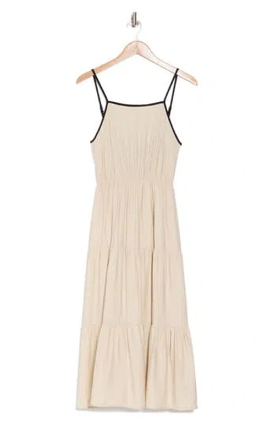 Blu Pepper Contrast Trim Tie Back Tiered Midi Dress In Light Khaki