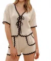 Blu Pepper Contrast Wavy Trim Front Tie Top & Linen Short Set In Oatmeal In Neutral