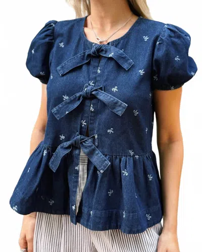 Blu Pepper Denim Bow Detail Short Sleeve Top In Blue In Multi