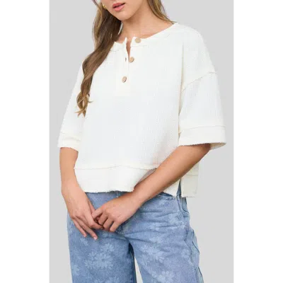 Blu Pepper Elbow Length Waffle Knit Henley Top In White