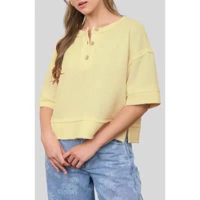 Blu Pepper Elbow Length Waffle Knit Henley Top In Yellow