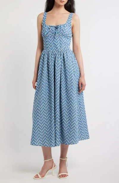 Blu Pepper Embroidered Cotton Blend Denim Midi Dress In Blue