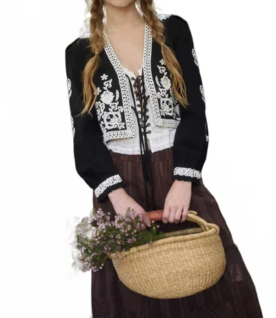 Blu Pepper Embroidery Detail Front Tie Long Sleeve Jacket In Black In Multi