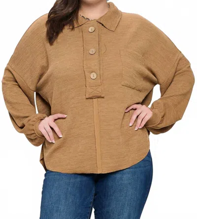 Blu Pepper Evelyn Collared Raw Edge Knit Top - Plus In Almond In Brown