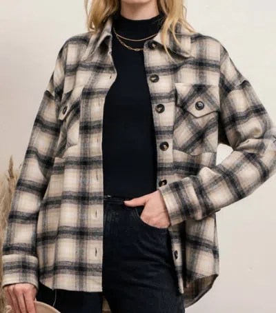 Blu Pepper Extended Shoulder Plaid Shacket In Taupe And Black Plaid In Nude