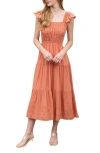 Blu Pepper Eyelet Flutter Sleeve Midi Dress In Dusty Orange