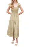 Blu Pepper Eyelet Flutter Sleeve Midi Dress In Light Olive