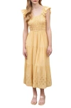 Blu Pepper Eyelet Flutter Sleeve Midi Dress In Light Yellow