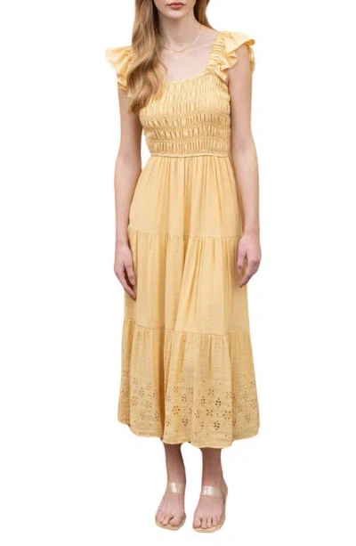 Blu Pepper Eyelet Flutter Sleeve Midi Dress In Gold