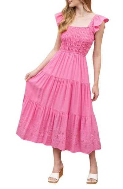 Blu Pepper Eyelet Flutter Sleeve Midi Dress In Pink