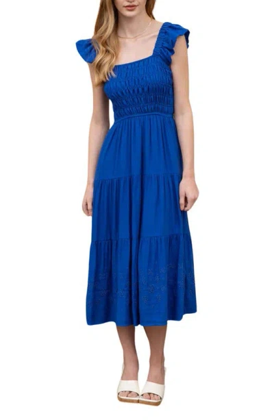 Blu Pepper Eyelet Flutter Sleeve Midi Dress In Royal Blue