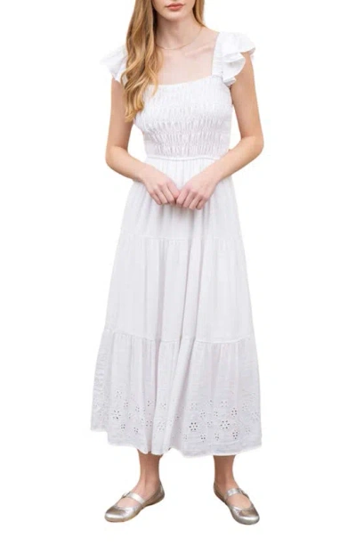 Blu Pepper Eyelet Flutter Sleeve Midi Dress In White