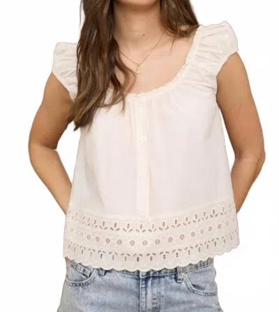 Blu Pepper Eyelet Lace Trim Short Sleeve Button Down Blouse In Oatmeal In Neutral