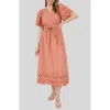 Blu Pepper Eyelet Tie Waist Maxi Dress In Brown
