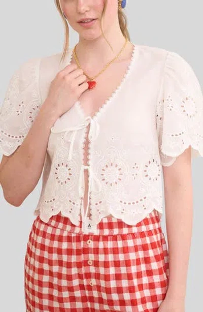 Blu Pepper Eyelet Trim Tie Front Top In White