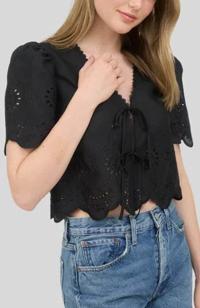 Blu Pepper Eyelet Trim Tie Front Top In Black