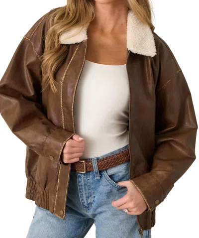 Blu Pepper Faux Leather Shearling Collar Zip Up Jacket In Brown