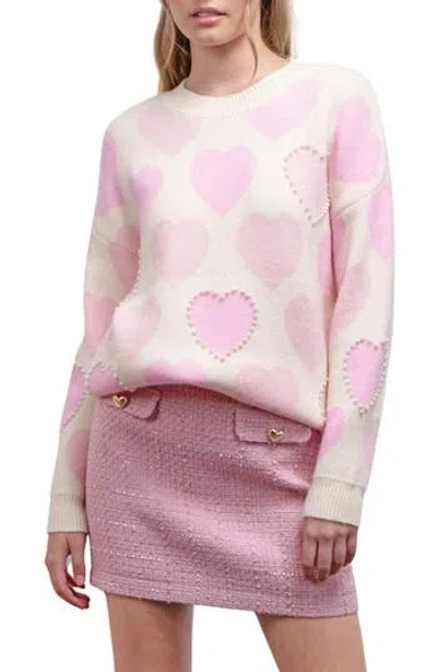 Blu Pepper Faux Pearl Heart Sweater In Ivory/pink