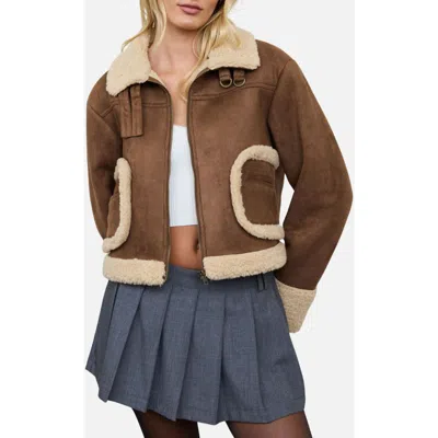Blu Pepper Faux Shearling Trim Faux Suede Jacket In Brown