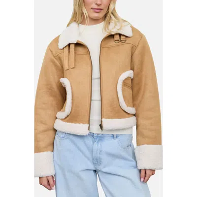 Blu Pepper Faux Shearling Trim Faux Suede Jacket In Brown