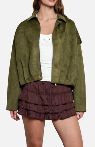Blu Pepper Faux Suede Epaulet Cropped Jacket In Green