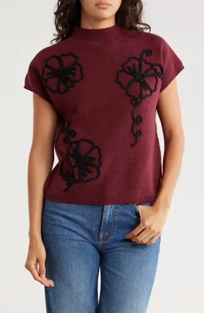 Blu Pepper Floral Appliqué Mock Neck Sleeveless Sweater In Burgundy
