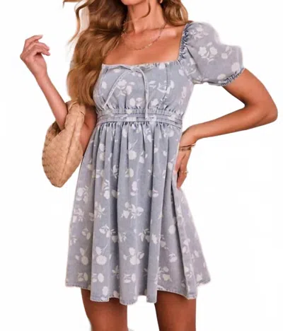 Blu Pepper Floral Babydoll Mini Dress In Denim In Gray